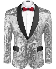 COOFANDY Men's Shiny Sequins Blazer Floral Suit Jacket Stylish Tuxedo for Party, Wedding, Banquet, Prom