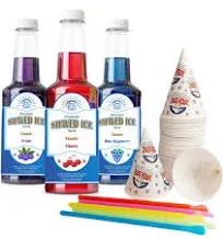 Snow Cone Kit - 1ct 16oz of each Flavor (Cherry, Grape and Blue Raspberry)- 30 Neon Straws and Snow Cone Cups Included