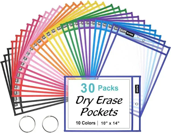 SUNEE 30 Packs Oversized Reusable Dry Erase Pocket Sleeves with 2 Rings, 10 Assorted Colors 10x14 Ticket Holders, Clear Plastic Sheet Protectors, Teacher School Classroom Supplies