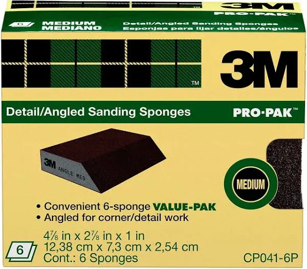 3M CP041-6P Sanding Sponge, Medium Grit, 2.875-In by 4.875-In by 1-In, 6-Sponges