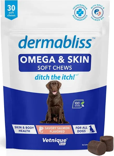 Vetnique Labs Dermabliss Omega & Skin Health Chews for Dogs with Omega 3-6-9 - Ditch the Itch - 30ct Hickory Salmon Soft Chews