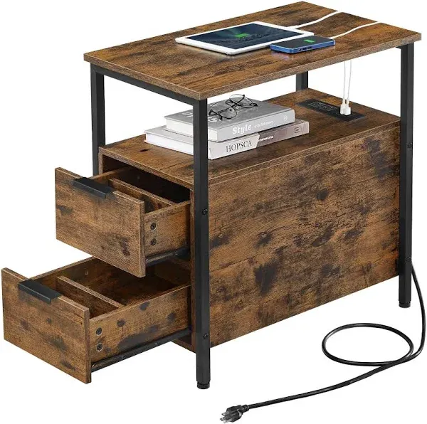 Side Table with Charging Station Rustic Brown and Black