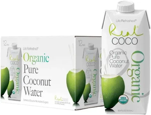 Real Coco Original Coconut Water 500mL, 100% USDA Organic Coconut Water, Packed with Electrolytes, Dairy/Soy Free, Vegan, Plant Based (12-pack, 500L)