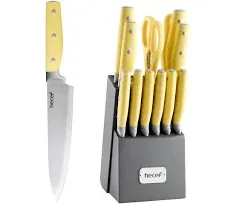 14 Pieces Kitchen Knife Set with Wooden Block Rainbow Titanium Coated Chef Knife