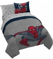 Saturday Park Marvel Spiderman Web Stripe Full Bed Set - 7 Piece 100% Organic Cotton Bedding - GOTS & Oeko-TEX Certified (Marvel Official)