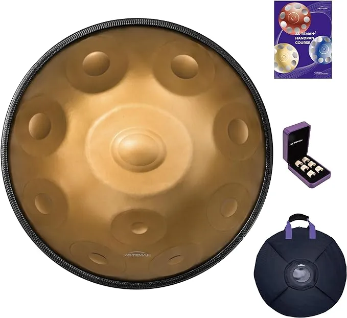 ASTEMAN Handpan in D Minor,432hz, 22 inches with 10 notes, comes with a backpack, courses, finger sleeves, stand, cleaning cloth, and two mallets.