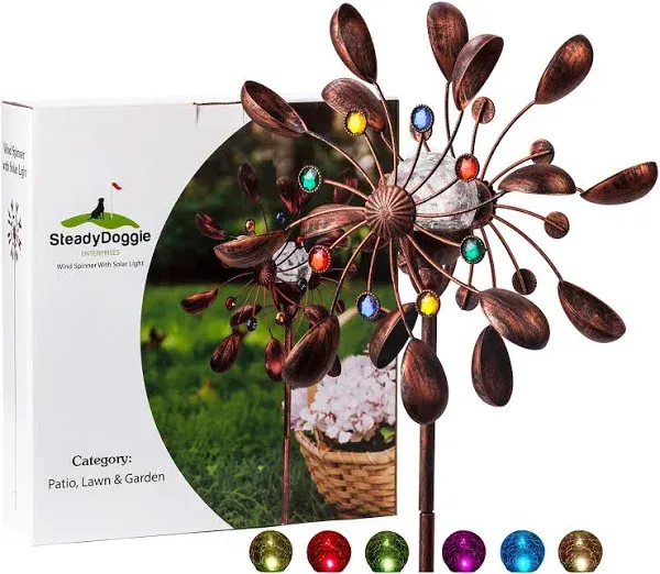 Bronze Kinetic Wind Spinner 75in with Solar-Powered Glass Ball for Gardens