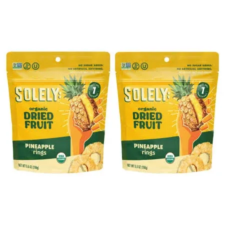 SOLELY - Organic Dried Pineapple Rings (5.5 oz Resealable Bags, Pack of 2) - Real Fresh Fruit - 1 Ingredient - Healthy Snacks for Adults & Kids - Non GMO, Vegan Snacks, Shelf Stable - 2 Bags (11 oz)