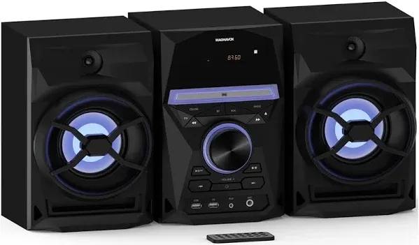 Magnavox 3-Piece CD Shelf System with Bluetooth, FM Radio, Remote Control, Colored Speaker Lights, LED Display, AUX Port - Black