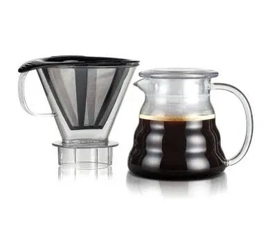 Bodum Melior Pour Over Borosilicate Glass Coffee Dripper with Carafe Lid and Stainless Steel Filter, 20 Ounce, Clear