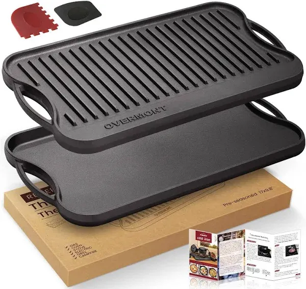 Overmont Pre-seasoned 17X9.8” Cast Iron Reversible Grill and Griddle Pan