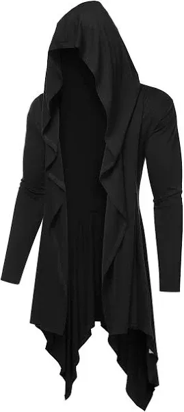 COOFANDY Long Hooded Cardigan Ruffle Shawl Collar Open Front Lightweight Drape Cape Overcoat with Pockets