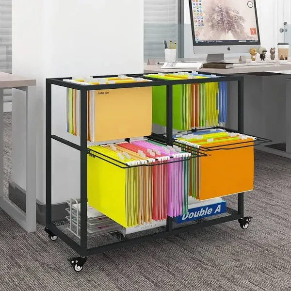 PUNCIA 2 Tiers 2 Column Heavy Duty Metal Rolling File Carts with Wheels Hanging Files for Letter Size Movable Pull-Out File Folder Rack Drawer File