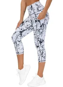 The Gym People Thick High Waist Yoga Pants with Pockets, Tummy Control Workout Running Yoga Leggings for Women (Medium, Z- Capris Marble)