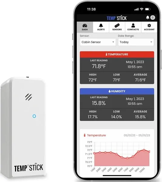 Temp Stick Remote WiFi Temperature & Humidity Sensor. No Subscription. 24/7 Monitor, Unlimited Text, Push & Email Alerts. Free Apps, Made in America. Use with Alexa, IFTTT. Monitor Anywhere, Anytime.