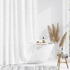 Dynamene Extra Long Shower Curtains 84 Inches Long Boho Tufted Geometric Striped Fabric Shower Curtains for Bathroom Tall Shab