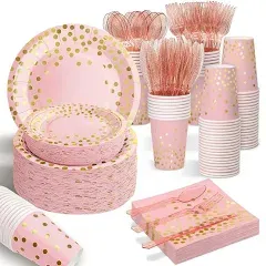 Aire 175pcs Pink Rose Gold Plates Napkins Party Supplies Severs 25 Disposable Party Plates Plastic Fork