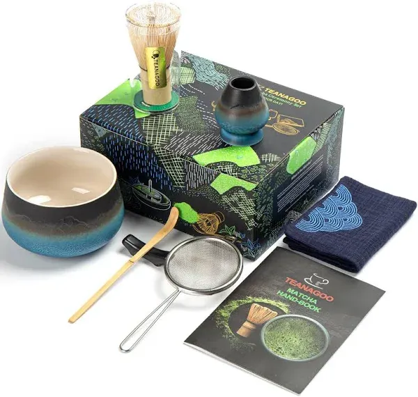 TEANAGOO Japanese Matcha Set (7pcs) Matcha Whisk Mtacha Kit Matcha Bowl with Pouring Spout Bamboo Matcha Whisk (Chasen) Scoop (chashaku) Whisk Holder. N26, Celadon Blue, Matcha Green Tea Powder