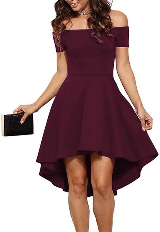 Sarin Mathews Women Off The Shoulder Short Sleeve High Low Cocktail Skater Dress Burgundy S