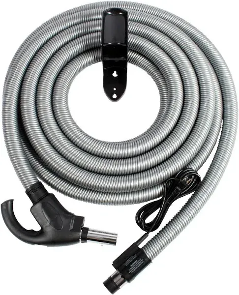 Cen-Tec Systems Central Vacuum Universal Connect Electric Hose with Flush Handle and Hose Hanger, Silver, 30 Ft. w/Flush Handle and Pigtail (97184)