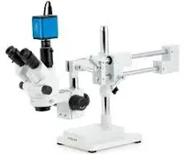 AmScope SM-4 Series Simul-Focal Lockable Zoom Trinocular Stereo Microscope with Auto Focus Camera on Double Arm Boom Stand