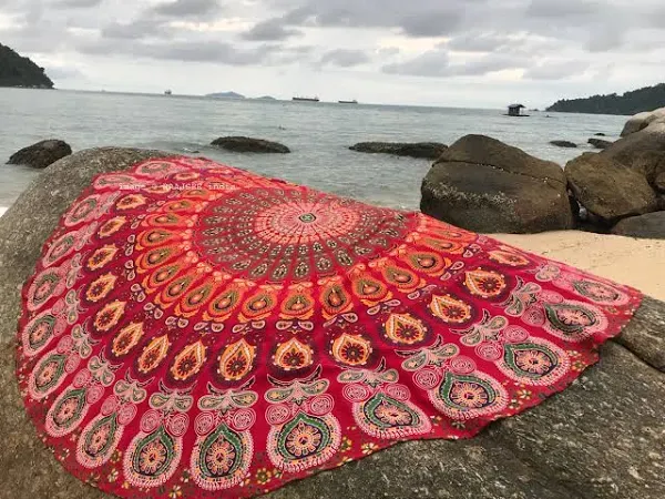 Raajsee Red Round Beach Tapestry