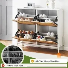 Natural Rattan 4 Flip Door Shoe Cabinet Organizer