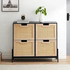 Idealhouse Natural Rattan 4 Flip Door Shoe Cabinet Organizer Freestanding Shoe Rack Storage Cabinet for Entryway with 3-Tier Adjustable Shelves