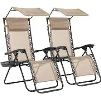 BMS 2 PCS Zero Gravity Chair Lounge Patio Chairs with Canopy Cup Holder, Tan