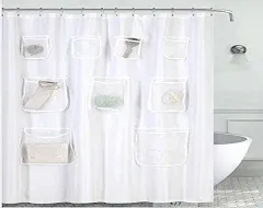 Mrs Awesome Water-Repellent Fabric Shower Curtain or Liner with 9 Handy Mesh Pockets, Premium Thick Cloth & Opaque, Washable, 71 x 72 inches, Rust Proof Grommets, White