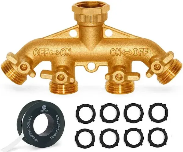 Morvat Garden Hose Connector Tap Splitter (4-Way), Hose Manifold, Heavy Duty Brass, Water Hose Splitter, Outlet Splitter, Includes Extra 8 Rubber Washers