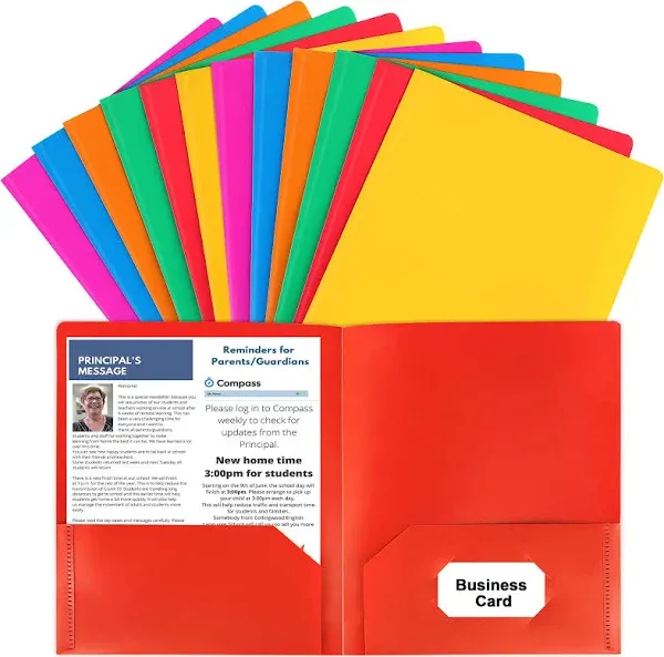 6 or 12 Pack Plastic Folders with Pockets, 6 Color Heavy Duty Two Pocket Folders