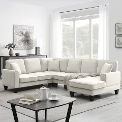 Merax Modern U Shape Sectional Sofa, 7 Seat Fabric Sectional Sofa Set, 3 Piece Sectional Sofa with 3 Pillows for Living Room Apartment,Office,Beige