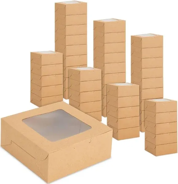 50 Pack 4x4x2 Dessert Boxes with Window, Bulk Bakery Containers for Cookies, Mini Pies, Cupcakes (Kraft Paper)