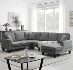 Modern U Shape Sectional Sofa, 7 Seat Fabric Sectional Sofa Set