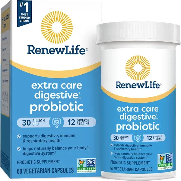 Renew Life Extra Care Probiotic Capsules, Daily Supplement Supports Immune, Digestive and Respiratory Health, L. Rhamnosus GG, Dairy, Soy and gluten-free, 30 Billion CFU, 60 Count