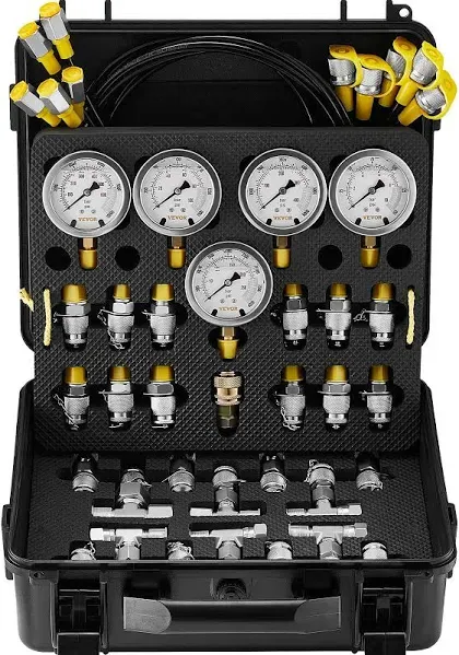 VEVOR Hydraulic Pressure Test Kit, 10/100/250/400/600bar, 5 Gauges 13 Test Couplings 14 Tee Connectors 5 Test Hoses, Hydraulic Gauge Kit with Sturdy Carrying Case, for Excavator Construction Machinery