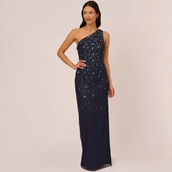 Adrianna Papell Women&#039;s One Shoulder Beaded Gown Stone  14  NWT