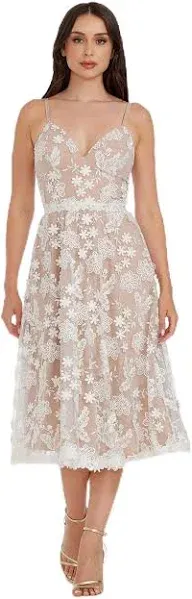 Dress the Population Women's Tahani Floral Embroidered Fit & Flare Midi Dress