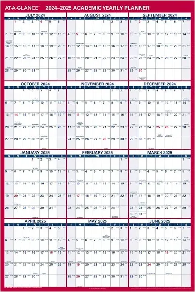 2024-2025 AT-A-GLANCE 48&#034; x 32&#034; Academic Yearly Wet-Erase Wall Calendar