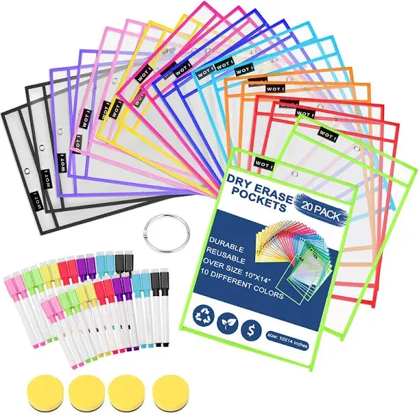 WOT I Dry Erase Pockets 20 Packs Oversized 10 x 14 In. Dry Erase Sleeves 20 Mark