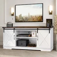 IDEALHOUSE Farmhouse TV Stand, Entertainment Center for 65 inch TV Media Console Table, White Barn Door TV Stand with Storage and Shelves, Modern TV