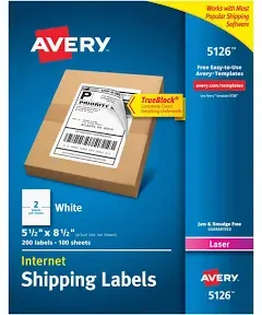 Avery Shipping Labels w/Ultrahold Ad & TrueBlock, Laser, 200pk White