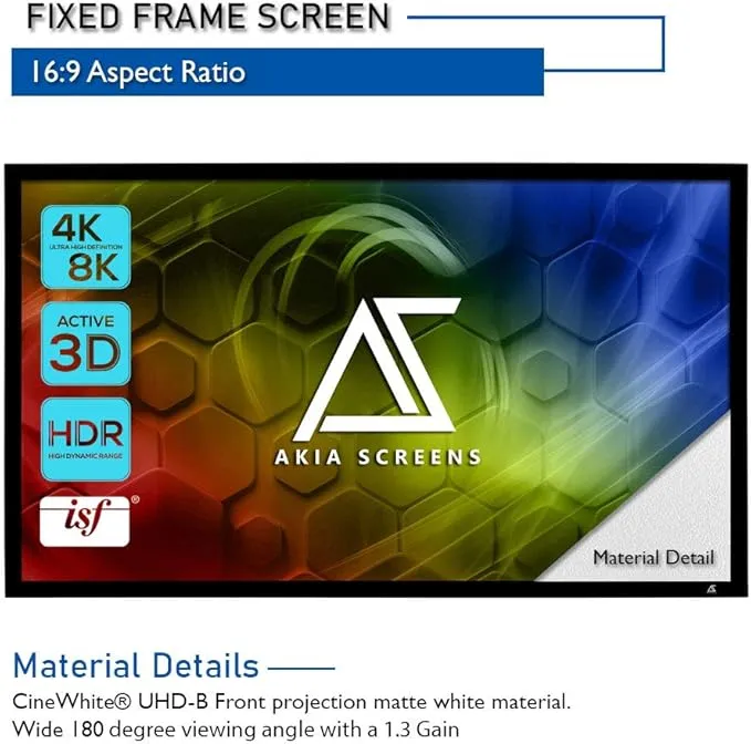 Akia Screens Fixed Frame Projector Screen 135 inch 16:9 8K 4K Ultra HD 3D Ready Wall Mount CINEWHITE UHD-B 135 Projection Screen for Indoor Movie Video Home Theater Cinema Office AK-FF135WH2