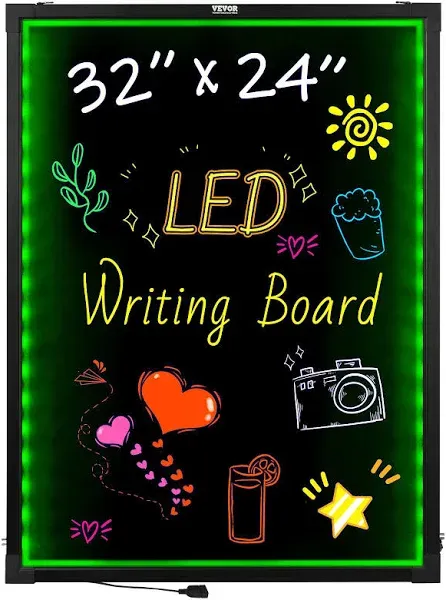 VEVOR LED Message Writing Board, 32&quot;x24&quot; Illuminated Erasable Lighted Chalkboard, Neon Effect Menu Sign Board, Drawing Board with 8 Fluorescent Chalk Markers and Remote Contro Tested toStandards