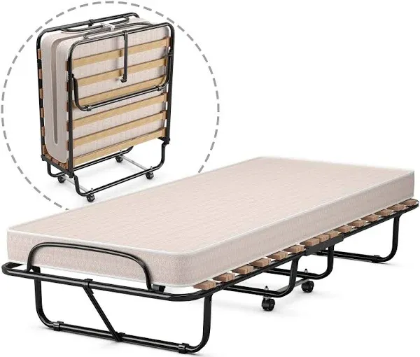 HAPPYGRILL Folding Bed with Memory Foam Mattress Fold Out Cot Size Rollaway Guest Bed with Sturdy Metal Wood Frame, 75 x 31.5 Inch