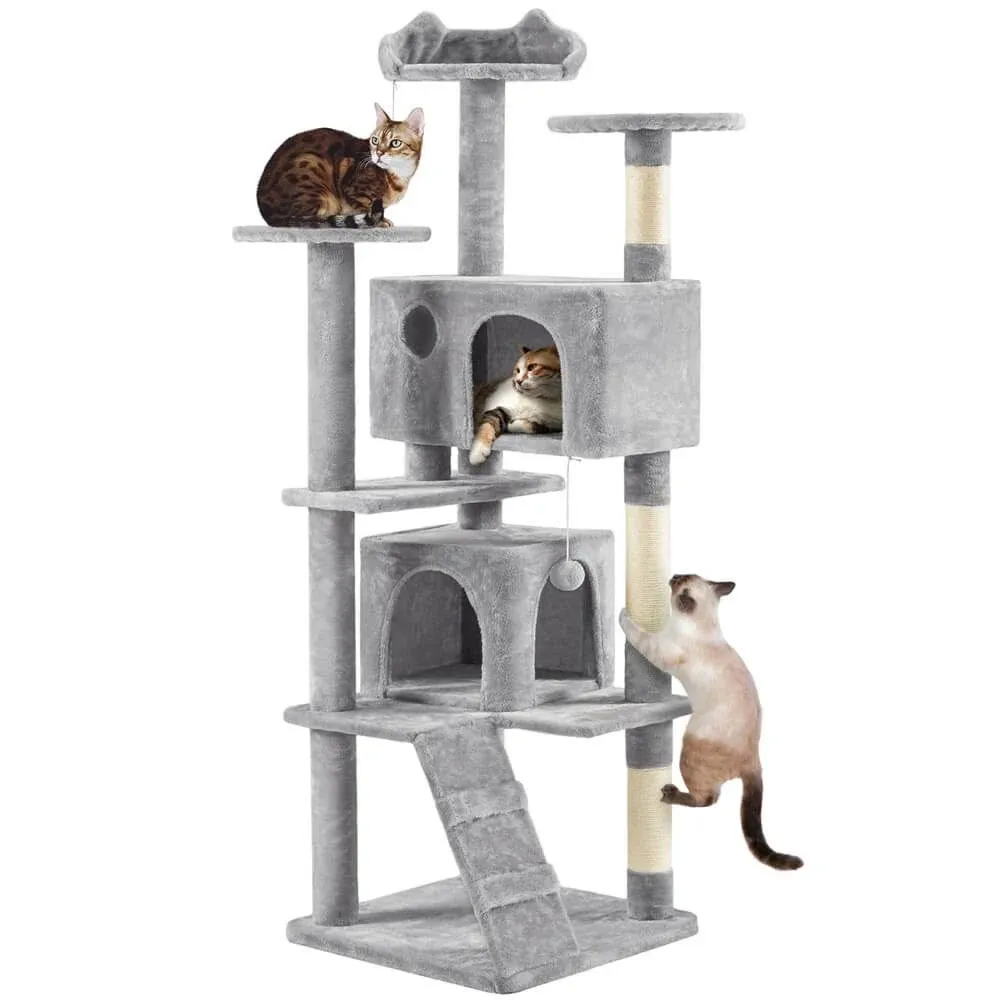 Yaheetech 70in Multi-Level Cat Tree Tall Cat Tower Cat Furniture with Condo, Scratching Posts & Dangling Ball for Indoor Cats Activity Center, Light Gray