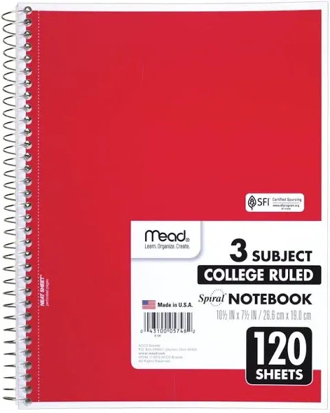 Mead 3 Subject College Ruled Spiral Notebook