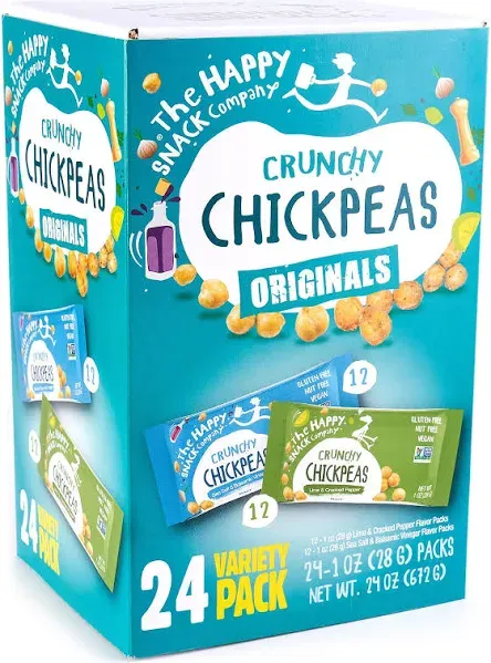 The Happy Snack Company Crunchy Chickpeas Lime & Cracked Pepper 24 x 1 oz. 5g Plant Based Protein & 120 Cals. Gluten,Nut & Dairy Free, Non-GMO and Vegan.