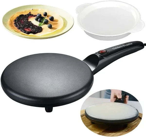 Golden Prairie 8" Griddle Crepe Maker, Non-Stick Electric Crepes Pan, Auto Thermostat Control, Handheld Long Handle, W/Batter Bowl, Portable AEA-108